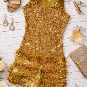 Gold Sequin and Fringe Dance Costume Leotard Shorts Flapper Leos Adult Small